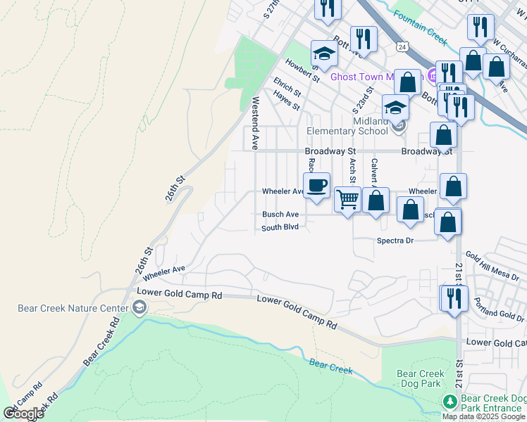 map of restaurants, bars, coffee shops, grocery stores, and more near 1409 Westend Avenue in Colorado Springs