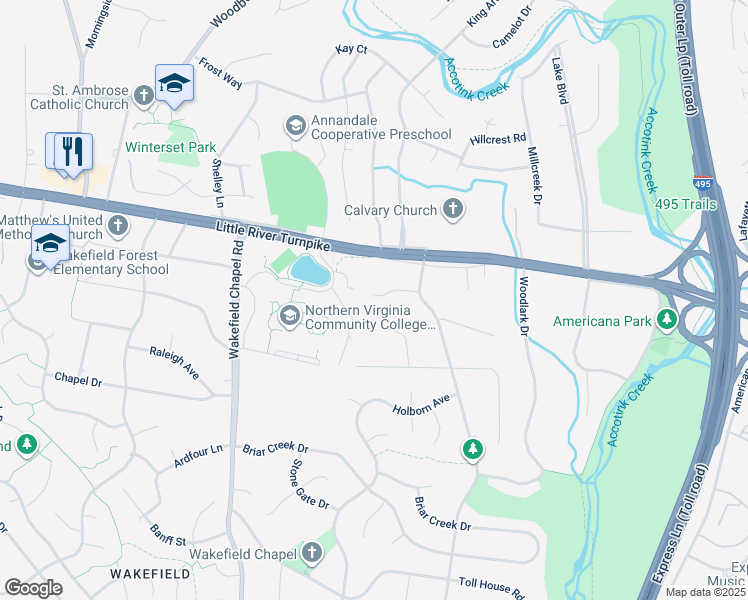 map of restaurants, bars, coffee shops, grocery stores, and more near 8312 Upper Spring Lane in Annandale