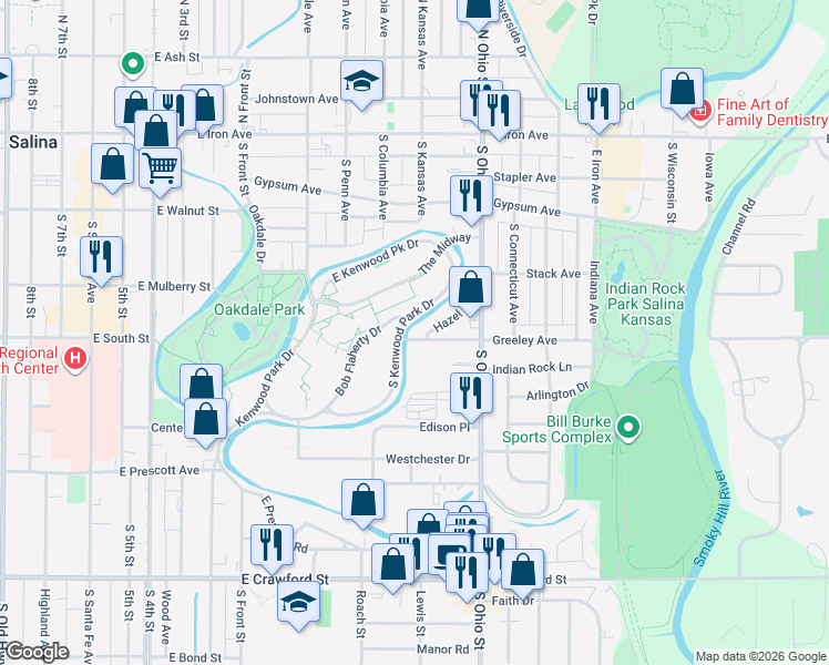 map of restaurants, bars, coffee shops, grocery stores, and more near 442 Hazel Court in Salina
