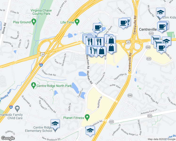 map of restaurants, bars, coffee shops, grocery stores, and more near Machen Road & Climbing Rose Way in Centreville