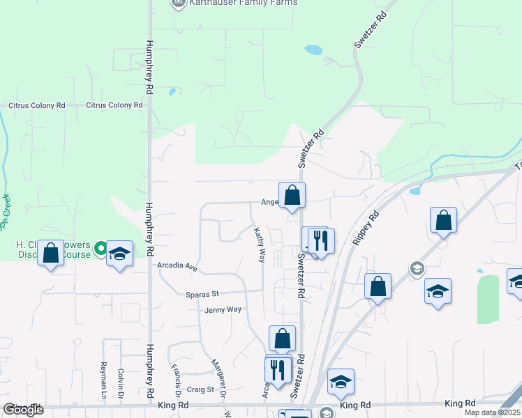 map of restaurants, bars, coffee shops, grocery stores, and more near 5931 Angelo Drive in Loomis