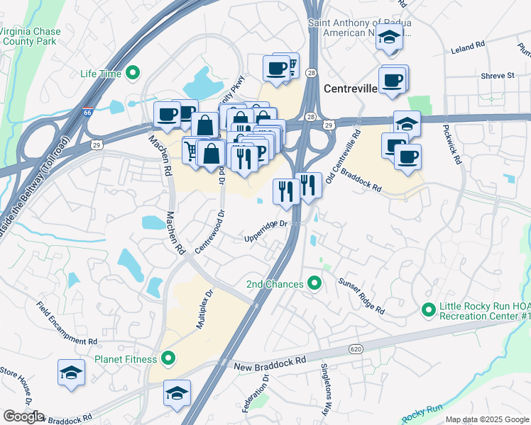 map of restaurants, bars, coffee shops, grocery stores, and more near 5920 Fort Drive in Centreville