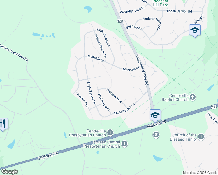 map of restaurants, bars, coffee shops, grocery stores, and more near 6609 Pelhams Trce in Centreville