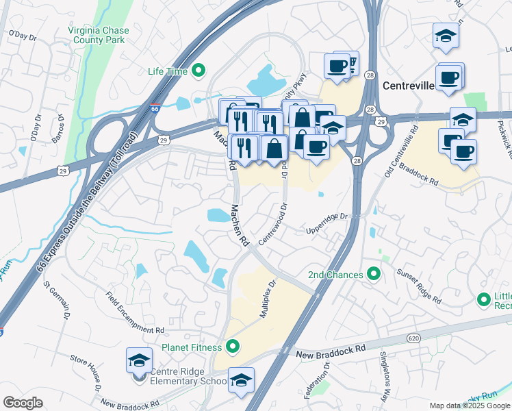 map of restaurants, bars, coffee shops, grocery stores, and more near 6022 Honnicut Drive in Centreville