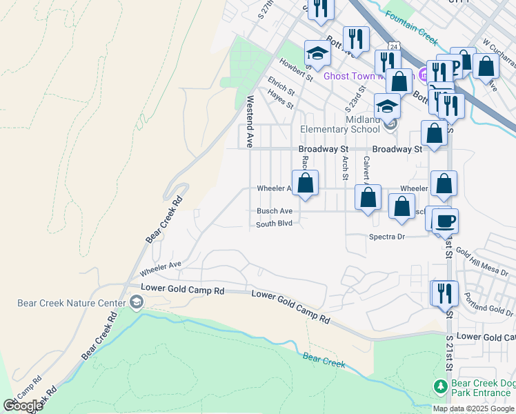 map of restaurants, bars, coffee shops, grocery stores, and more near 2528 Busch Avenue in Colorado Springs
