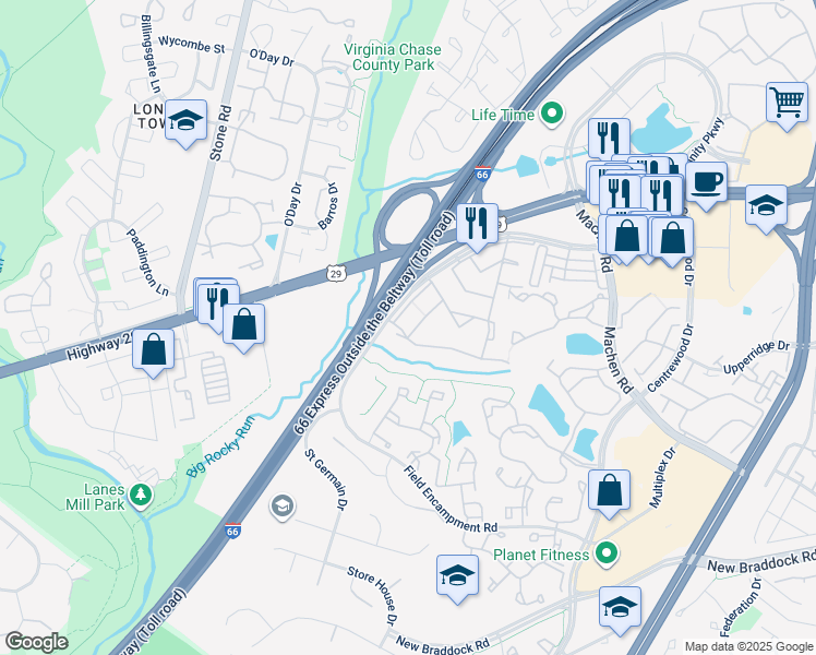 map of restaurants, bars, coffee shops, grocery stores, and more near 14518 Rustling Leaves Lane in Centreville