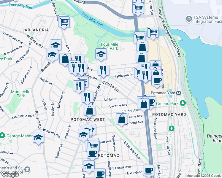 map of restaurants, bars, coffee shops, grocery stores, and more near 17 Auburn Court in Alexandria