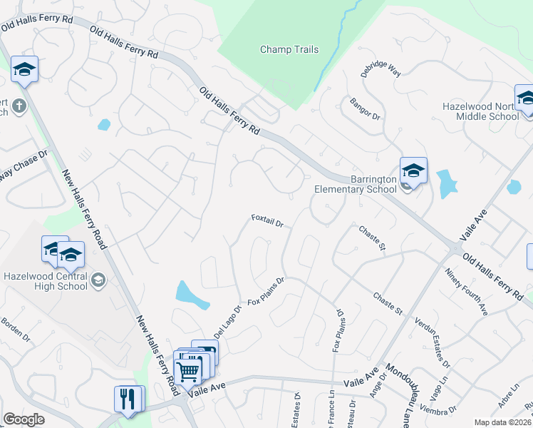 map of restaurants, bars, coffee shops, grocery stores, and more near 627 Foxtail Drive in Florissant