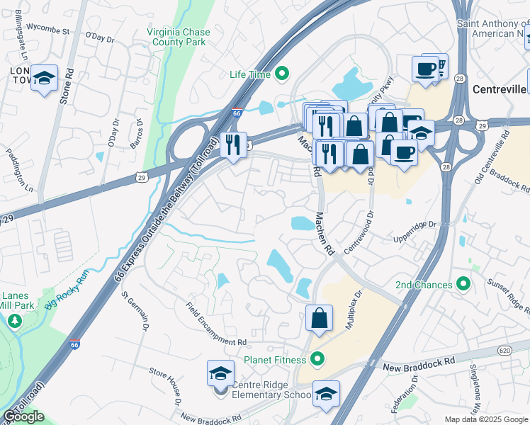 map of restaurants, bars, coffee shops, grocery stores, and more near 14320 Climbing Rose Way in Centreville