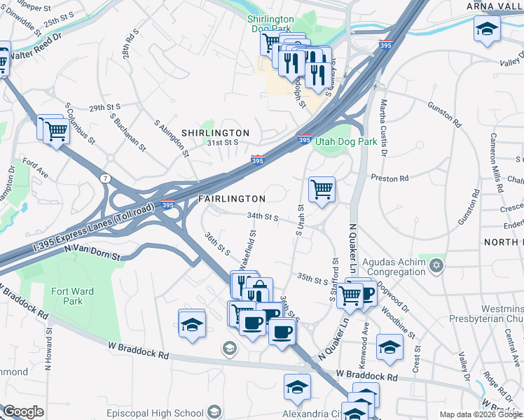 map of restaurants, bars, coffee shops, grocery stores, and more near 3349 South Wakefield Street in Arlington