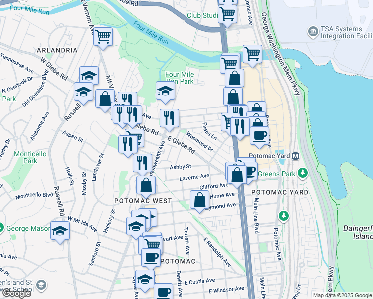 map of restaurants, bars, coffee shops, grocery stores, and more near 111 East Glebe Road in Alexandria