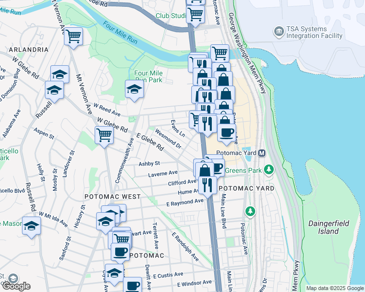 map of restaurants, bars, coffee shops, grocery stores, and more near 234 Wesmond Drive in Alexandria