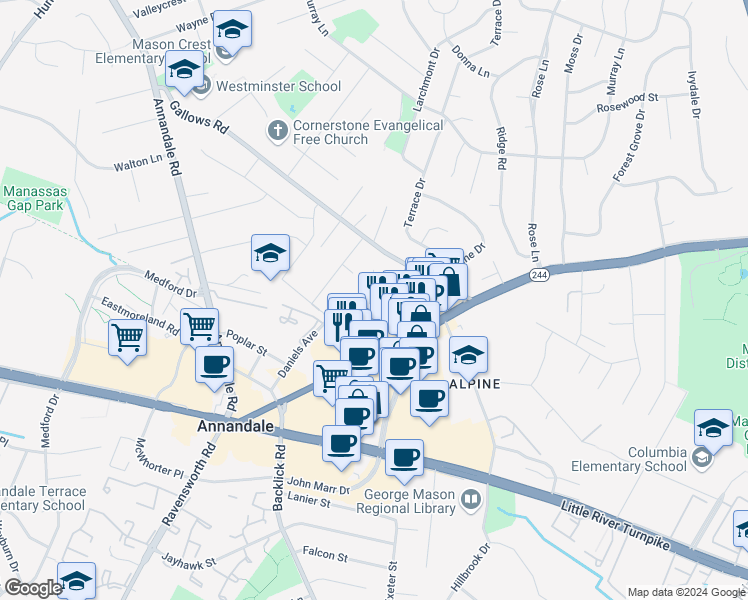 map of restaurants, bars, coffee shops, grocery stores, and more near 8111 Village Drive in Annandale