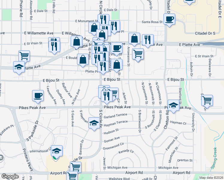 map of restaurants, bars, coffee shops, grocery stores, and more near 2829 Casden Circle in Colorado Springs