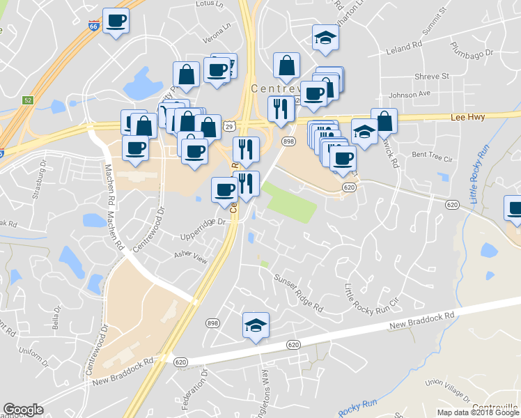 map of restaurants, bars, coffee shops, grocery stores, and more near 14032 Sawteeth Way in Centreville