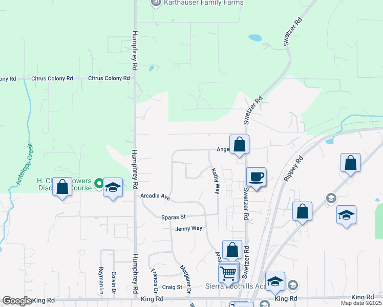 map of restaurants, bars, coffee shops, grocery stores, and more near 5781 Angelo Drive in Loomis