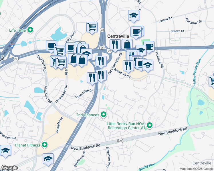map of restaurants, bars, coffee shops, grocery stores, and more near 14032 Sawteeth Way in Centreville