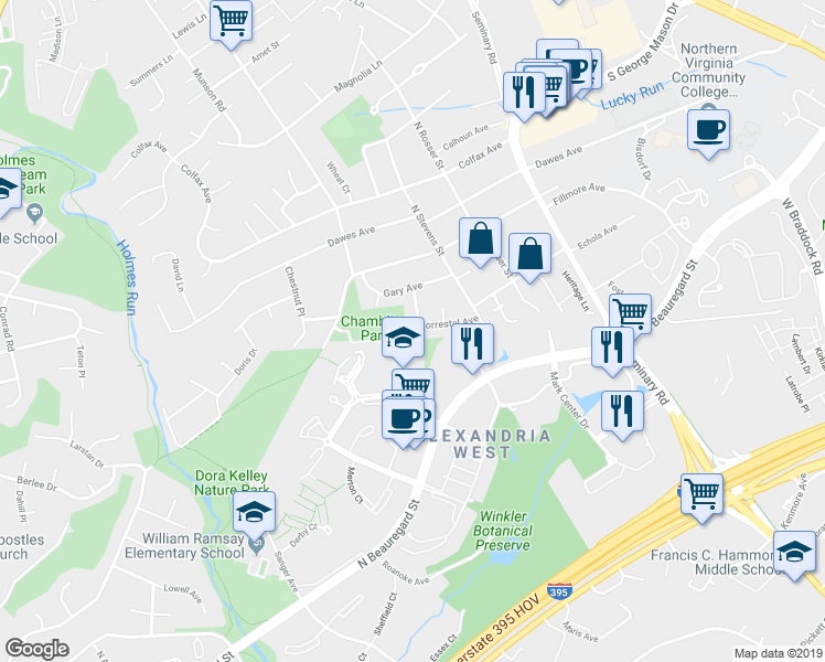 map of restaurants, bars, coffee shops, grocery stores, and more near 2500 North Shelley Street in Alexandria