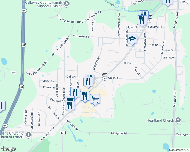 map of restaurants, bars, coffee shops, grocery stores, and more near 1013 Churchill Road in Fulton