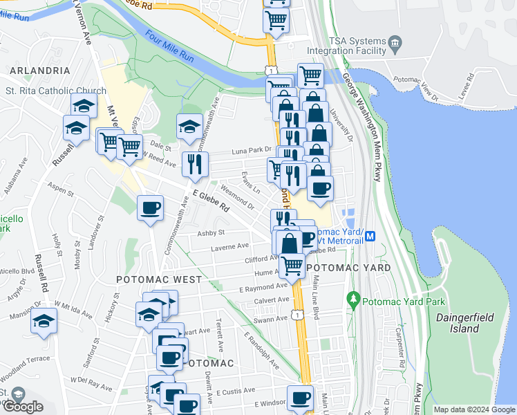 map of restaurants, bars, coffee shops, grocery stores, and more near 234 Wesmond Drive in Alexandria