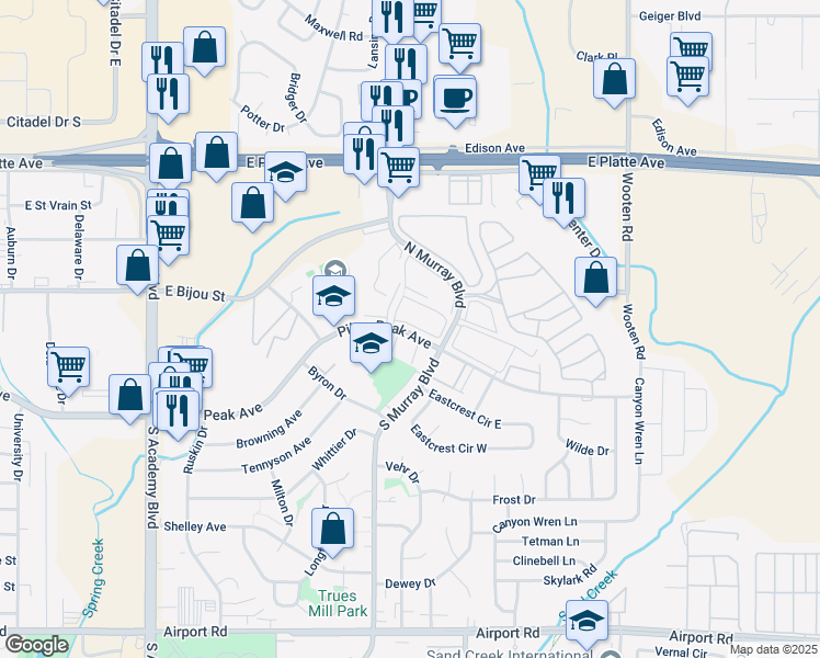 map of restaurants, bars, coffee shops, grocery stores, and more near 4320 East Pikes Peak Avenue in Colorado Springs