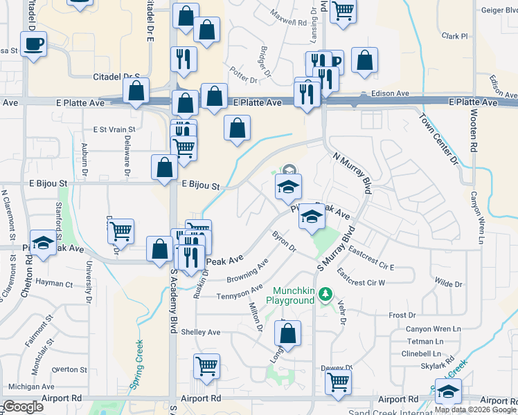 map of restaurants, bars, coffee shops, grocery stores, and more near 100 Coleridge Avenue in Colorado Springs