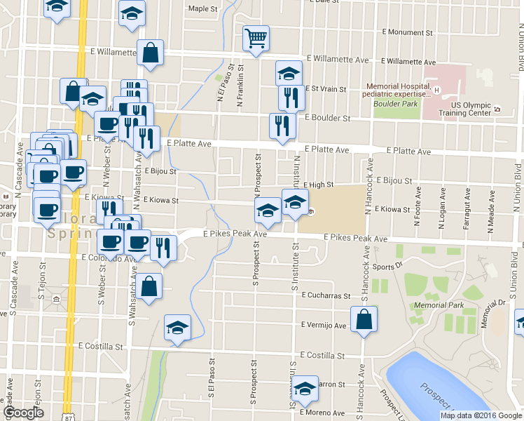 map of restaurants, bars, coffee shops, grocery stores, and more near 822 East Kiowa Street in Colorado Springs