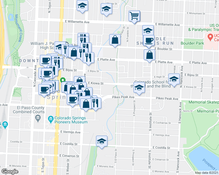 map of restaurants, bars, coffee shops, grocery stores, and more near 525 East Kiowa Street in Colorado Springs