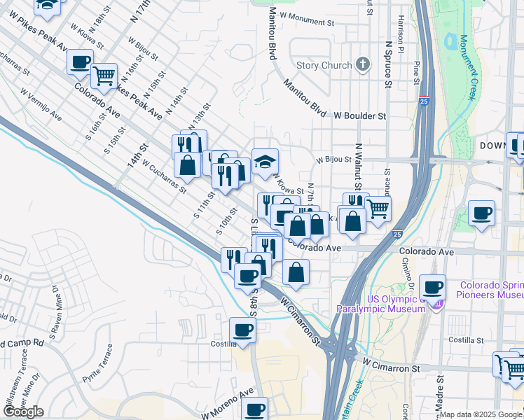 map of restaurants, bars, coffee shops, grocery stores, and more near 903 West Pikes Peak Avenue in Colorado Springs