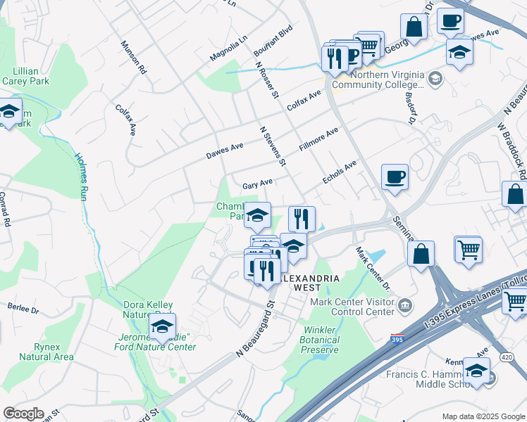 map of restaurants, bars, coffee shops, grocery stores, and more near 2500 North Shelley Street in Alexandria