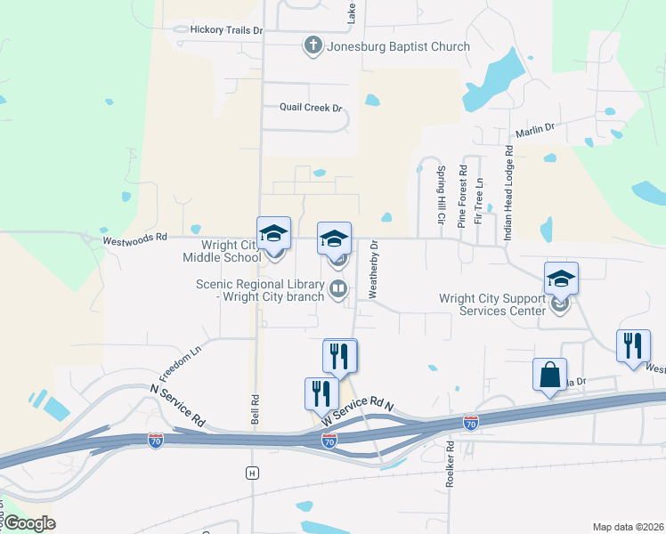 map of restaurants, bars, coffee shops, grocery stores, and more near 100 Wildcat Drive in Wright City