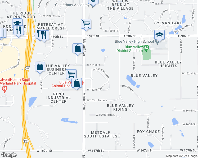 map of restaurants, bars, coffee shops, grocery stores, and more near 16265 Metcalf Avenue in Stilwell