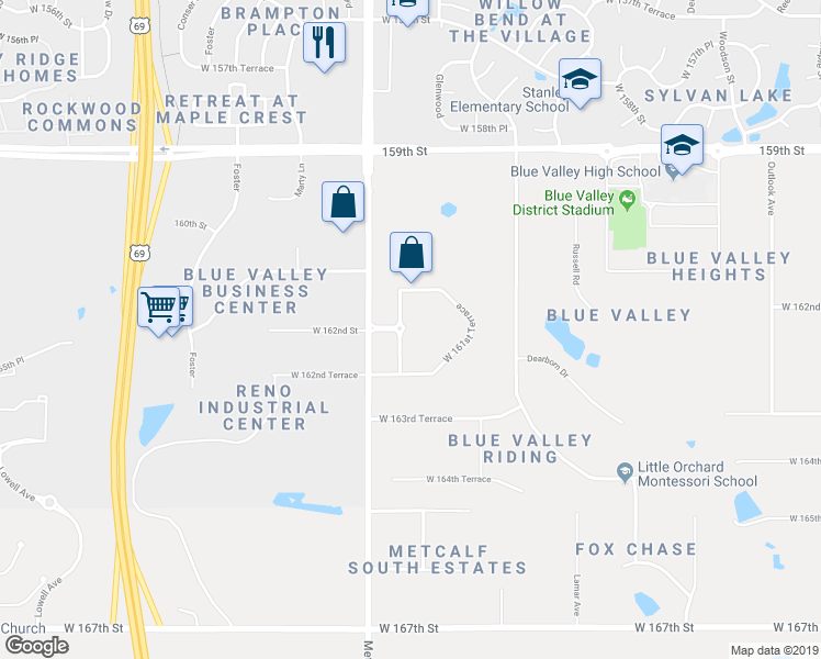 map of restaurants, bars, coffee shops, grocery stores, and more near 6931 West 161st Terrace in Overland Park