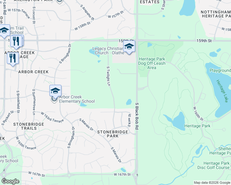 map of restaurants, bars, coffee shops, grocery stores, and more near 16090 South Lackman Road in Olathe