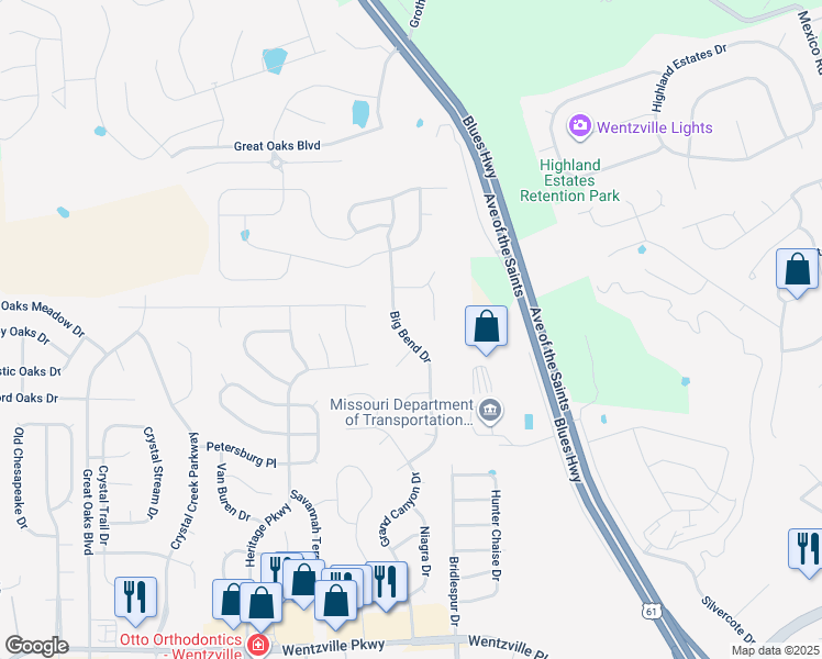 map of restaurants, bars, coffee shops, grocery stores, and more near 642 Big Bend Drive in Wentzville