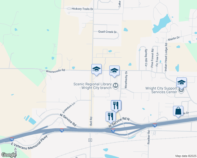 map of restaurants, bars, coffee shops, grocery stores, and more near 100 Bell Road in Wright City