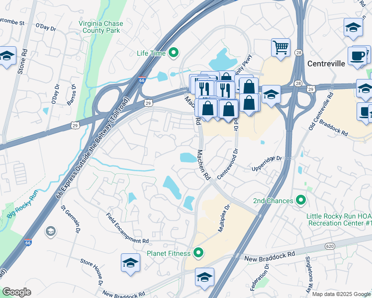 map of restaurants, bars, coffee shops, grocery stores, and more near 14305 Climbing Rose Way in Centreville