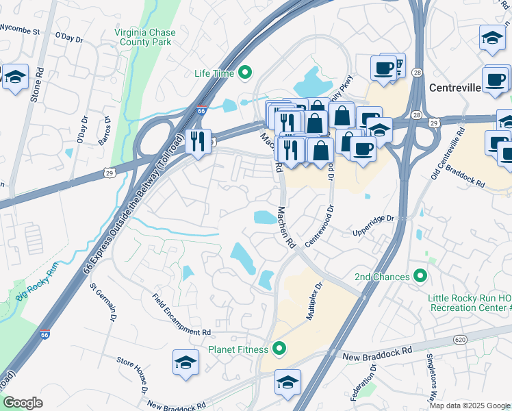 map of restaurants, bars, coffee shops, grocery stores, and more near 14309 Climbing Rose Way in Centreville