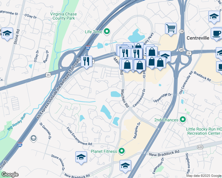 map of restaurants, bars, coffee shops, grocery stores, and more near 14309 Climbing Rose Way in Centreville