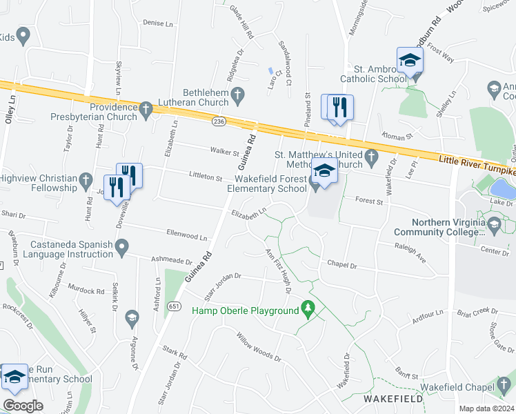 map of restaurants, bars, coffee shops, grocery stores, and more near 4149 Elizabeth Lane in Annandale