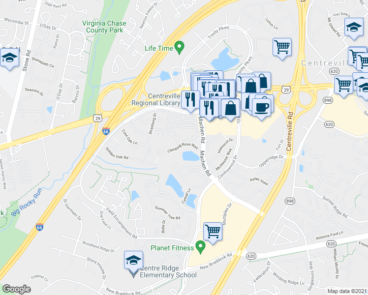 map of restaurants, bars, coffee shops, grocery stores, and more near 14309 Climbing Rose Way in Centreville