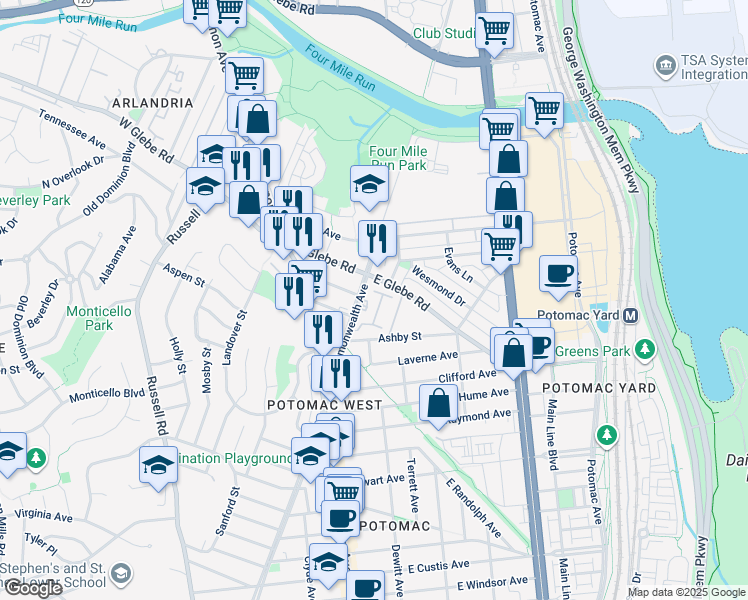 map of restaurants, bars, coffee shops, grocery stores, and more near 3311 Commonwealth Avenue in Alexandria