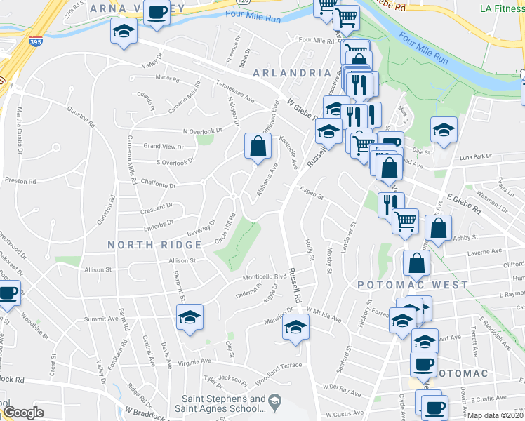 map of restaurants, bars, coffee shops, grocery stores, and more near 311 Beverly Drive in Alexandria