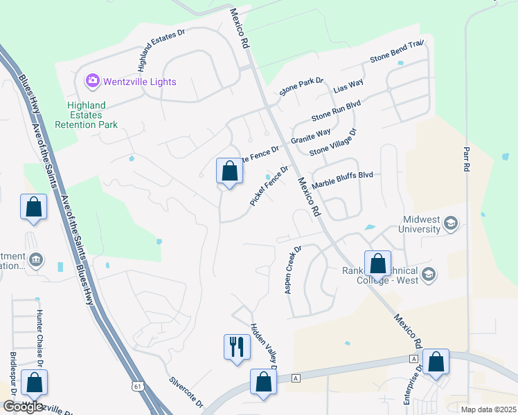 map of restaurants, bars, coffee shops, grocery stores, and more near 420 Picket Fence Drive in Wentzville