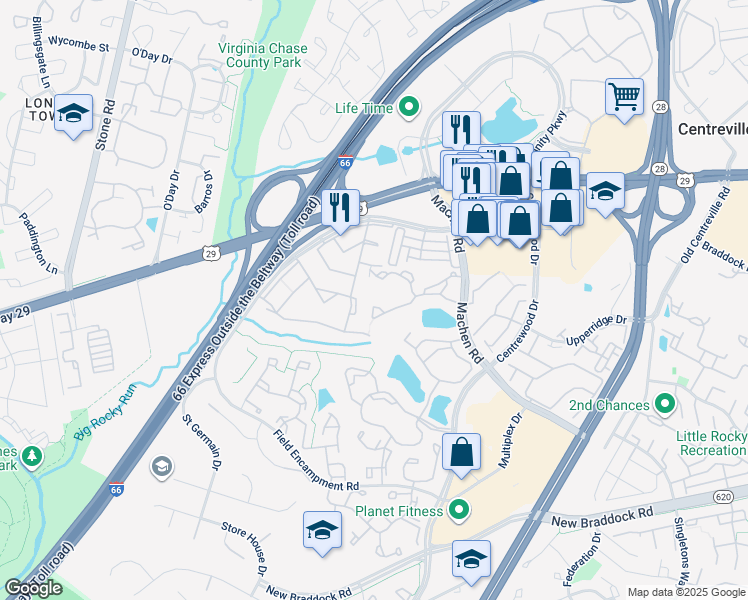 map of restaurants, bars, coffee shops, grocery stores, and more near 14324 Climbing Rose Way in Centreville