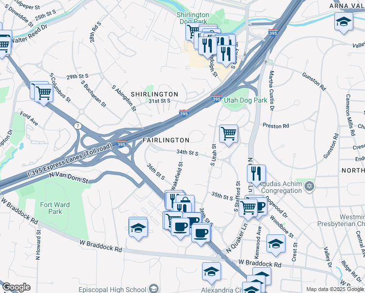 map of restaurants, bars, coffee shops, grocery stores, and more near 3342 South Wakefield Street in Arlington