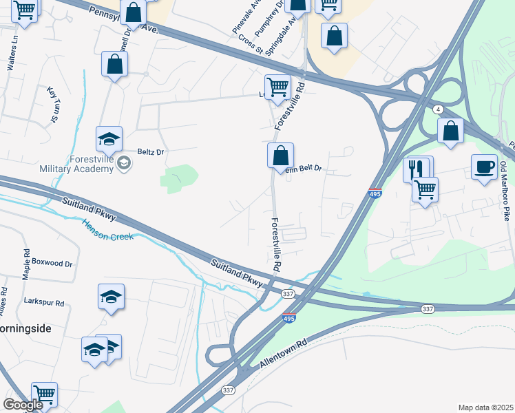 map of restaurants, bars, coffee shops, grocery stores, and more near 4020 Suit Road in District Heights