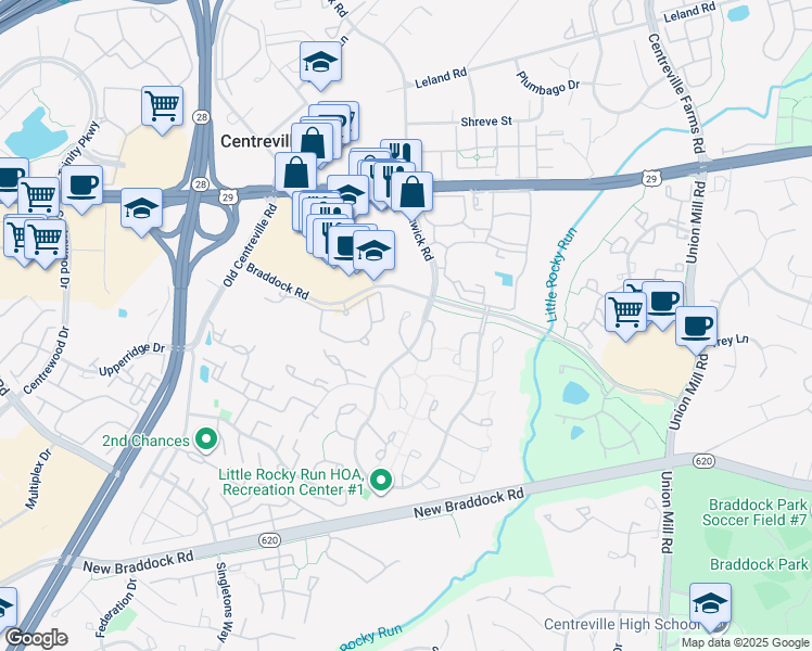 map of restaurants, bars, coffee shops, grocery stores, and more near 5837 Westwater Court in Centreville
