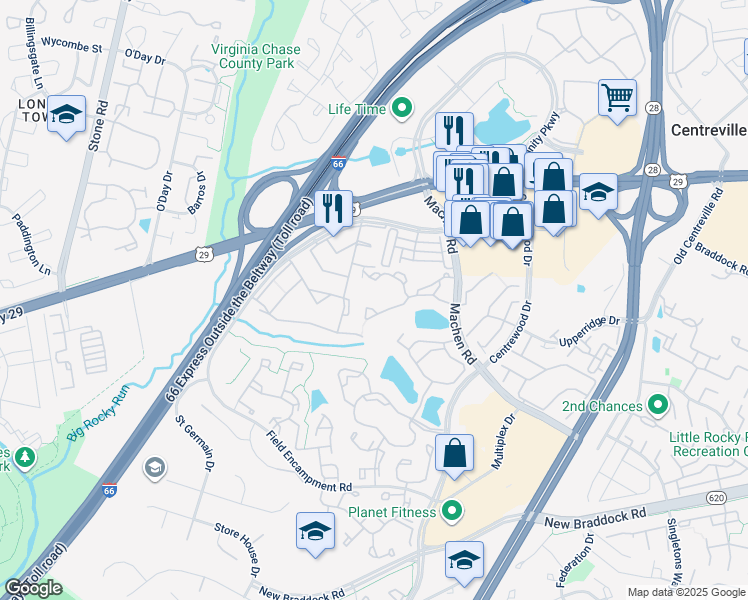 map of restaurants, bars, coffee shops, grocery stores, and more near 14322 Climbing Rose Way in Centreville