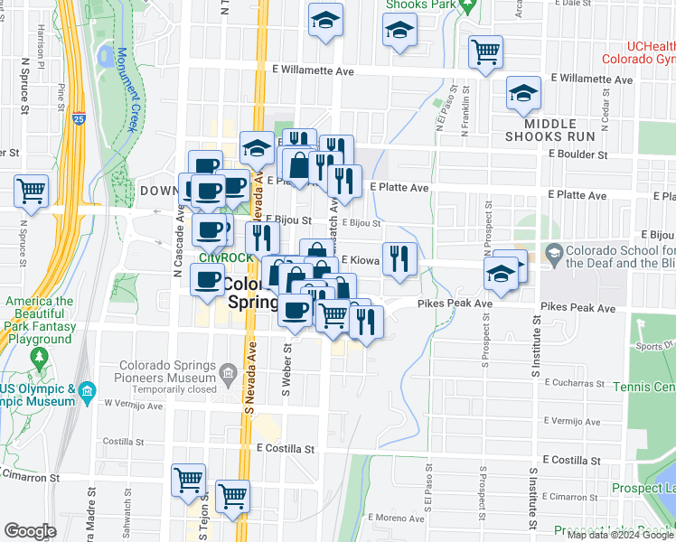 map of restaurants, bars, coffee shops, grocery stores, and more near 23 North Wahsatch Avenue in Colorado Springs